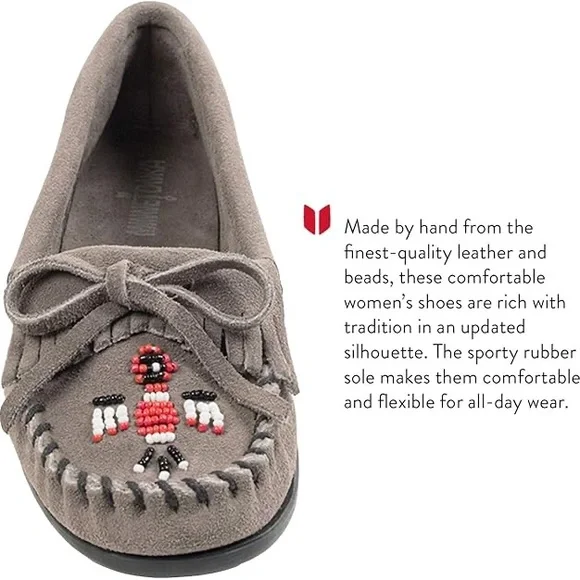 Minnietonka US 7 Gray Leather with Beads Women's nomadic spirit Moccasins US 7 - Picture 7 of 7